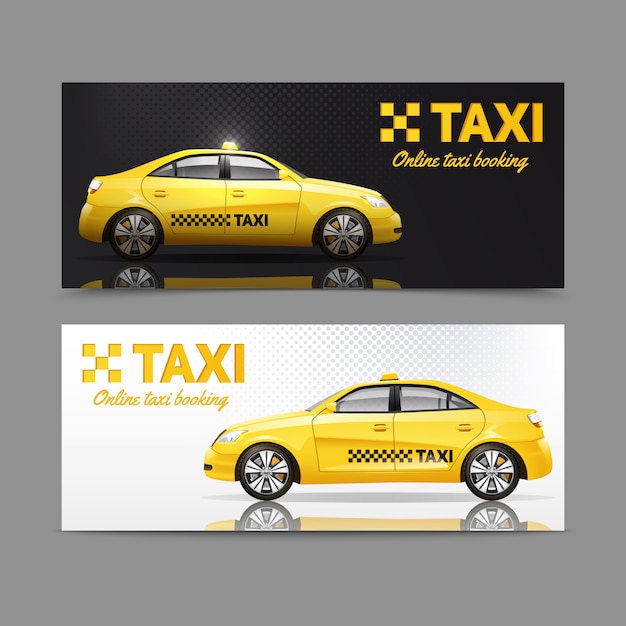 Taxi service banner set with yellow cars with reflection 