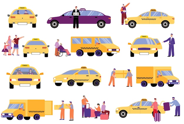 Free Vector taxi service flat icon set with vip taxi lorry vehicle for disabled people customer assistance vector illustration