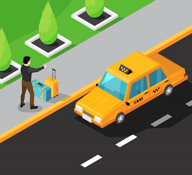 Taxi service isometric background with passenger on sidewalk stopping yellow taxi car moving 