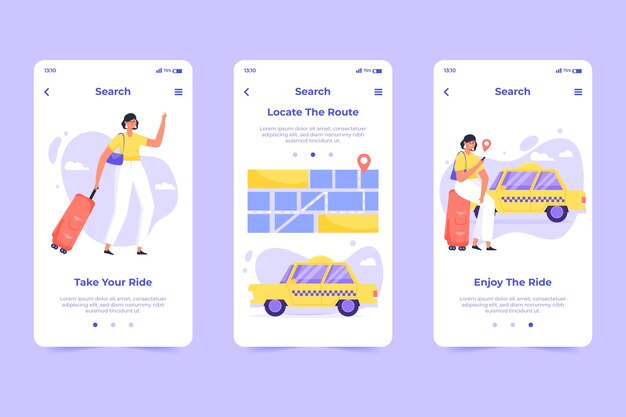 Taxi service onboarding app screen concept