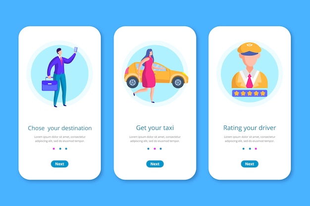 Taxi service onboarding app screens