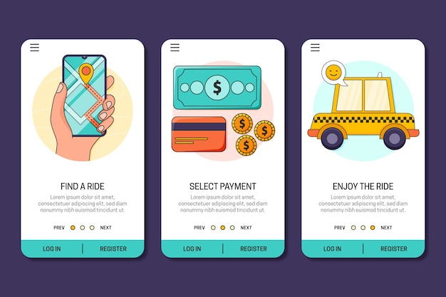 Taxi service onboarding app screens