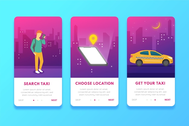 Taxi service onboarding app screens