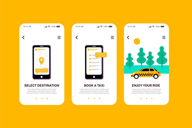 Taxi service onboarding app screens