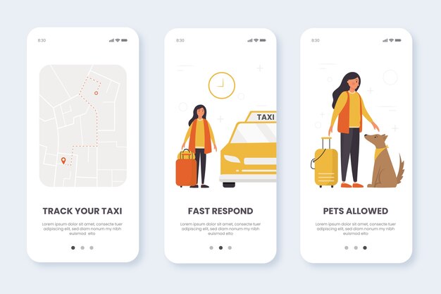 Taxi service onboarding app screens