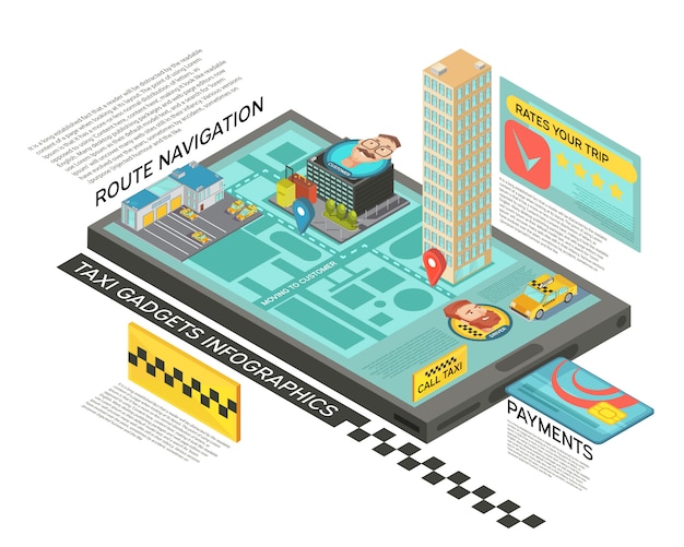 Taxi service online isometric infographics with route navigation on screen of gadget, payment and rating vector illustration 