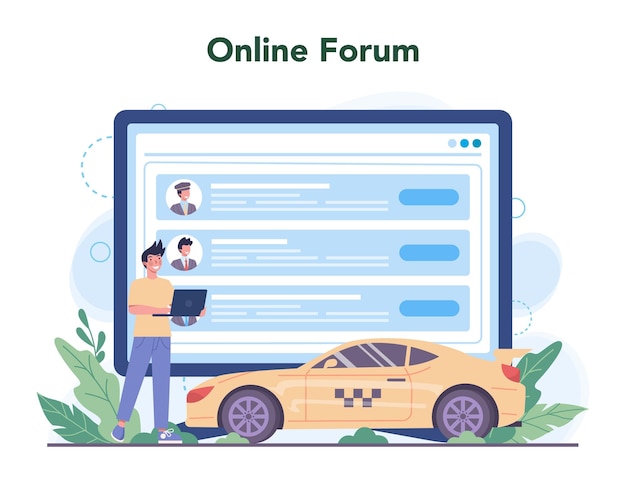 Taxi service online service or platform Yellow taxi car Automobile cab with driver inside Idea of public city transportation Online forum Isolated flat illustration