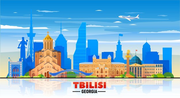 Tbilisi Georgia skyline on a sky background Flat vector illustration Business travel and tourism concept with modern buildings Image for banner or website