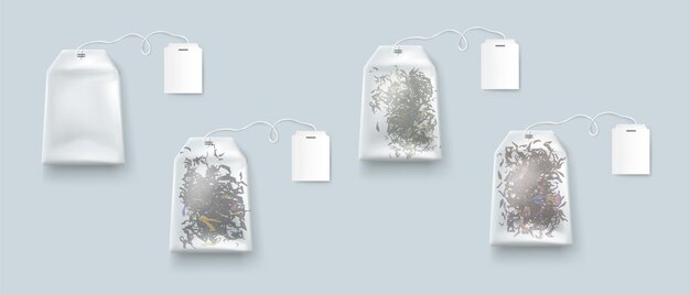 Tea bags, isolated teabags with blank labels on rope mockup