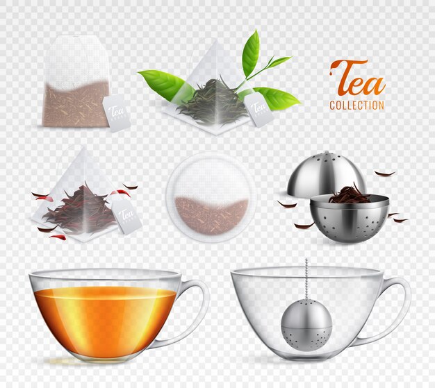 Tea brewing bag realistic icon set with different elements