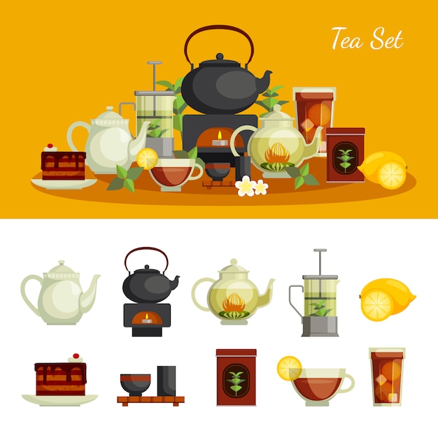 Free Vector tea icons set with lemon sugar