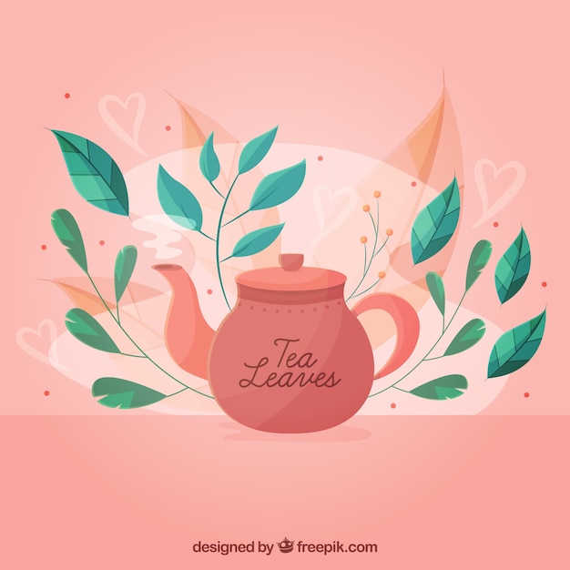 Tea leaves background with tea pot