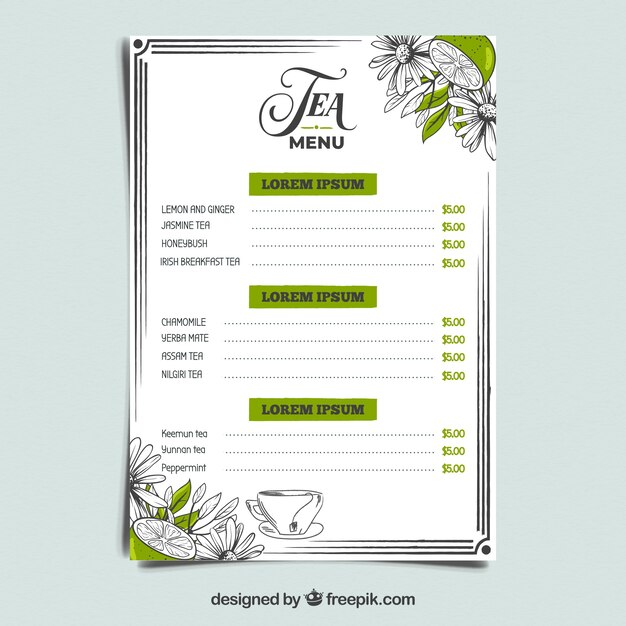 Tea menu template in flat style