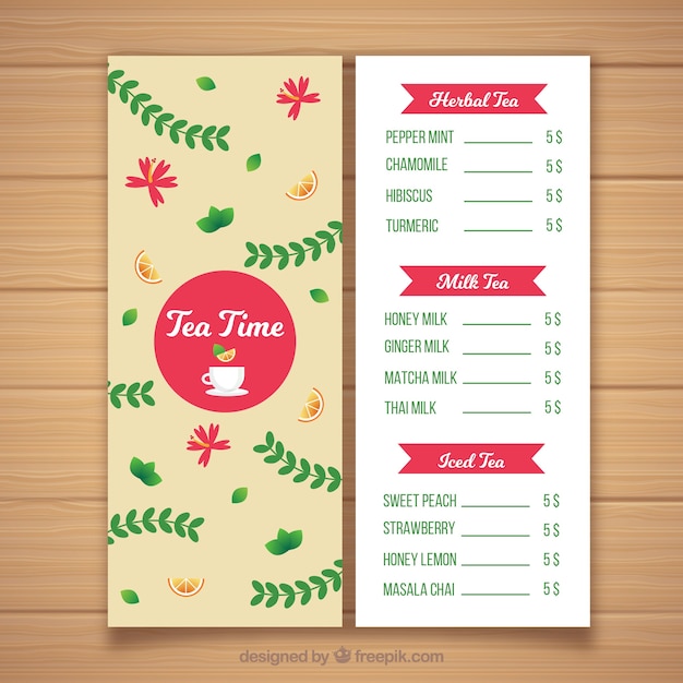 Tea menu template with different drinks