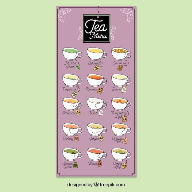 Tea menu template with different flavors