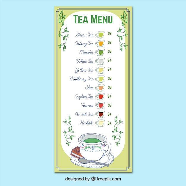 Free Vector tea menu template with different types of tea