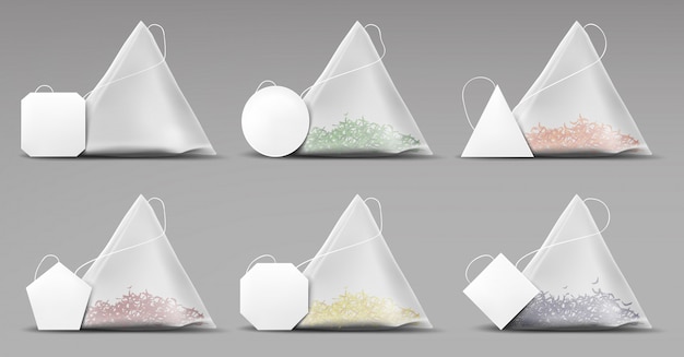 Tea pyramid bags set isolated on grey 