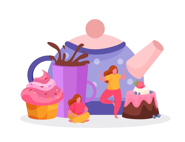 Tea time flat background with female characters images of cakes cup with drop splashes and teapot  illustration