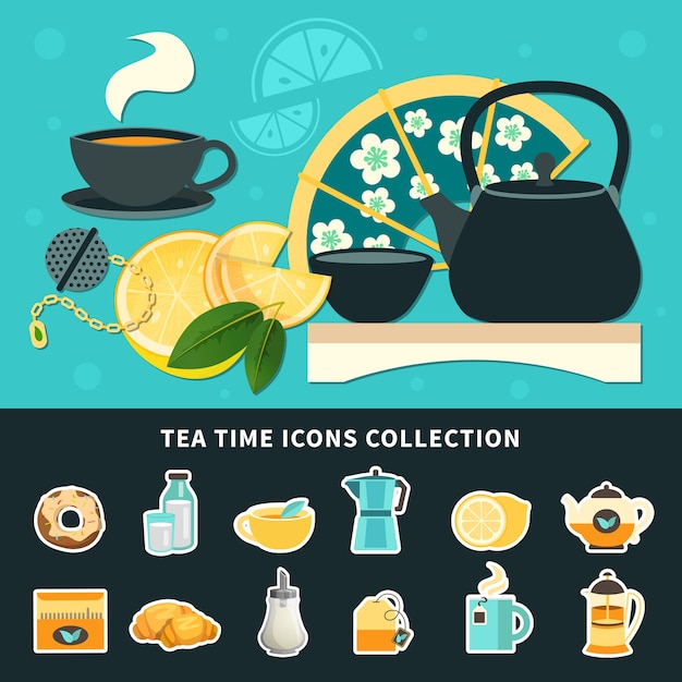 Free Vector tea time icons collection