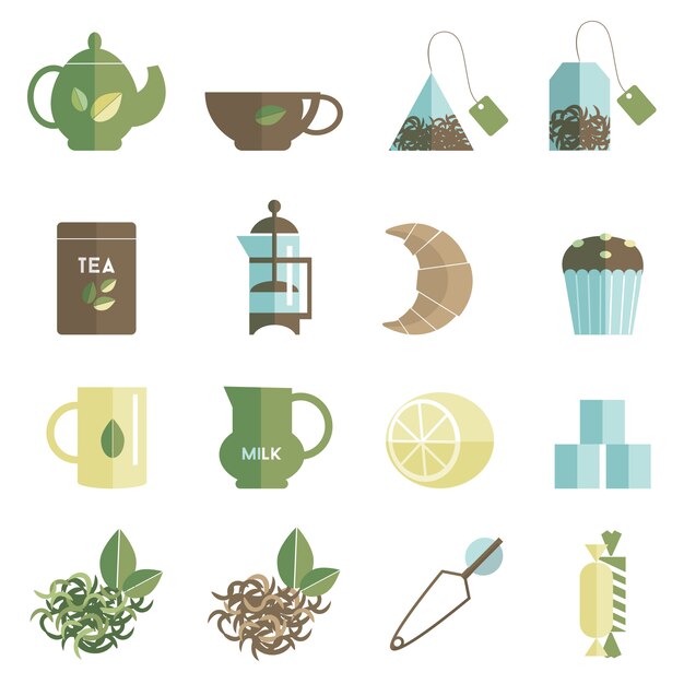 Tea time icons set flat