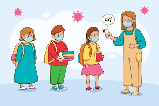 Free Vector teacher checking children temperature