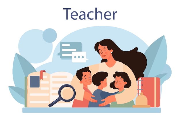 Teacher concept Profesor standing in front of the blackboard School or college workers with professional discipline tools Idea of education and knowledge Flat vector illustration