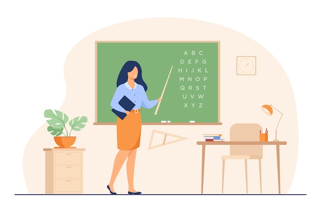 Free vector teacher standing near blackboard and holding stick isolated flat vector illustration. cartoon woman character near chalkboard and pointing on alphabet.