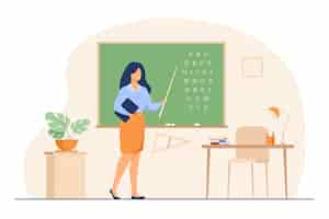 Free vector teacher standing near blackboard and holding stick isolated flat vector illustration. cartoon woman character near chalkboard and pointing on alphabet.