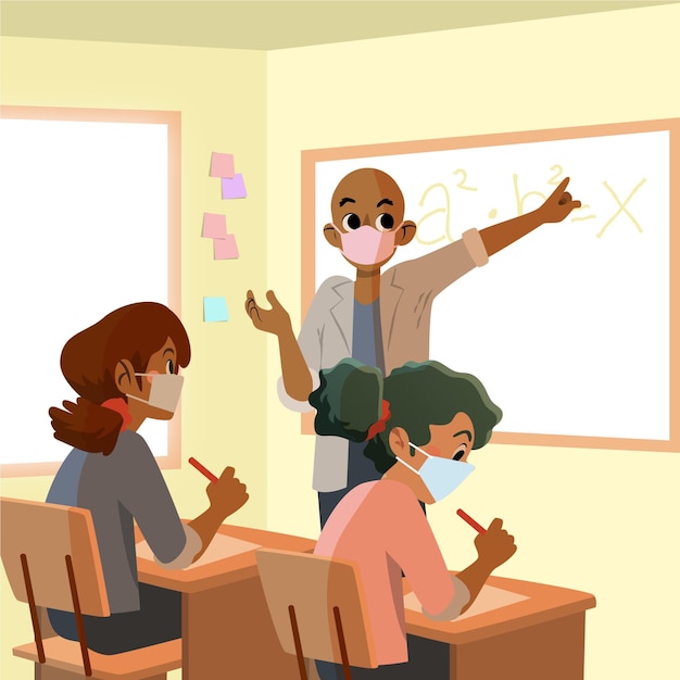 Free Vector teacher and students wearing face mask in class