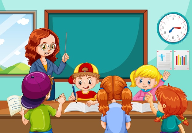 Teacher teaching students in the classroom scene