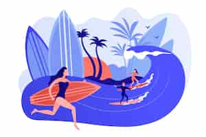 Free vector teacher teaching surfing, riding a wave on the surfboard in ocean, tiny people. surfing school, surf spot area, learn to surf here concept. pinkish coral bluevector isolated illustration