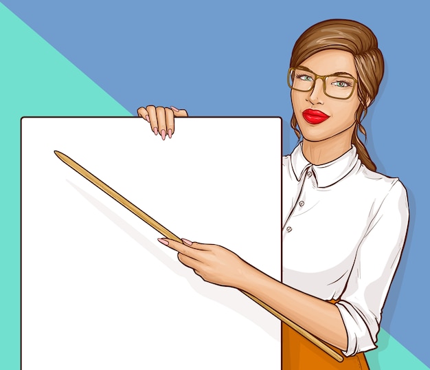 Free Vector teacher woman wearing glasses and white shirt holding pointer and blank placard, retro comic book vector illustration