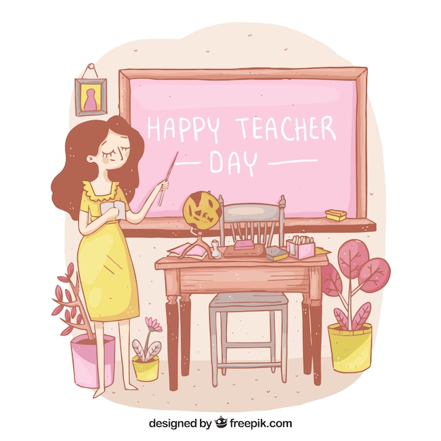 Free Vector teacher in a yellow dress in the classroom