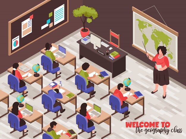 Teachers and classroom  with Geography class symbols isometric