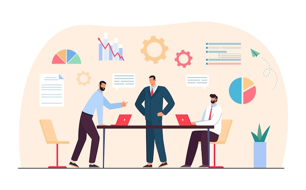 Team of company people working on business project together. Office workers in meeting flat vector illustration. Workflow, teamwork concept for banner, website design or landing web page