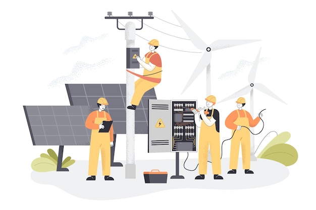 Free Vector team of construction workers with wind turbines and solar panels. installation or repair of electric utility poles flat vector illustration. maintenance service, electricity, renewable energy concept