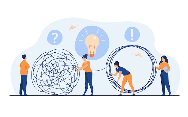 Team of crisis managers solving businessman problems. Employees with lightbulb unraveling tangle. Vector illustration for teamwork, solution, management concept