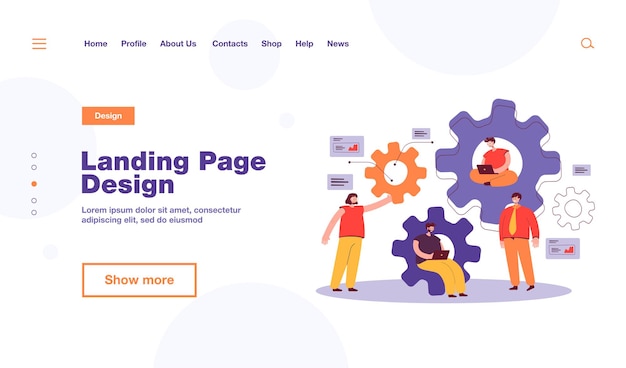 Free Vector team of engineers working on mechanism together, using laptop, talking, sitting in gears, writing codes landing page template
