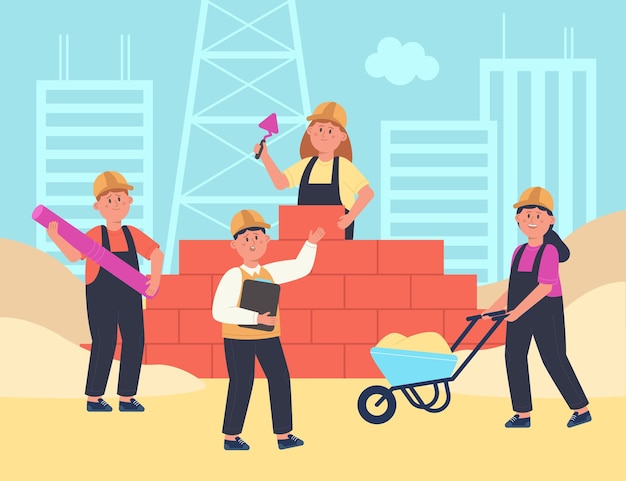 Free Vector team of kids builders building house together. cute professional boys and girls working, workers in helmets laying brick wall at construction site flat vector illustration. occupation, game concept