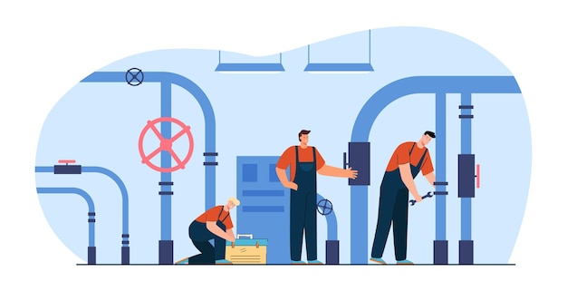 Free vector team of plumbers with tool box in boiler room. handymen in uniform fixing pipe flat vector illustration. service, maintenance, occupation concept for banner, website design or landing web page