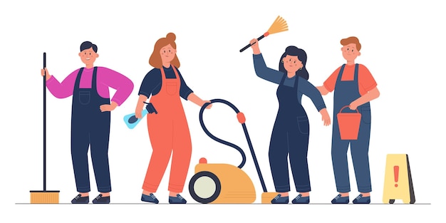 Team of professional workers in uniform standing together. People holding vacuum cleaner, broom and bucket for cleanup of office or home flat vector illustration. Staff of cleaning service concept