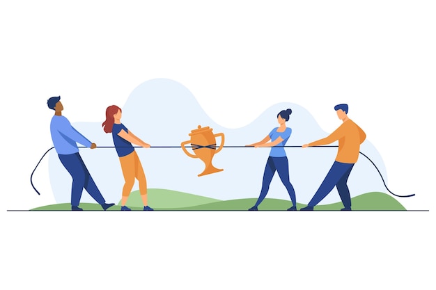 Teams competing for prize. People playing tug-of-war, pulling rope with golden cup flat vector illustration. Competition, contest concept