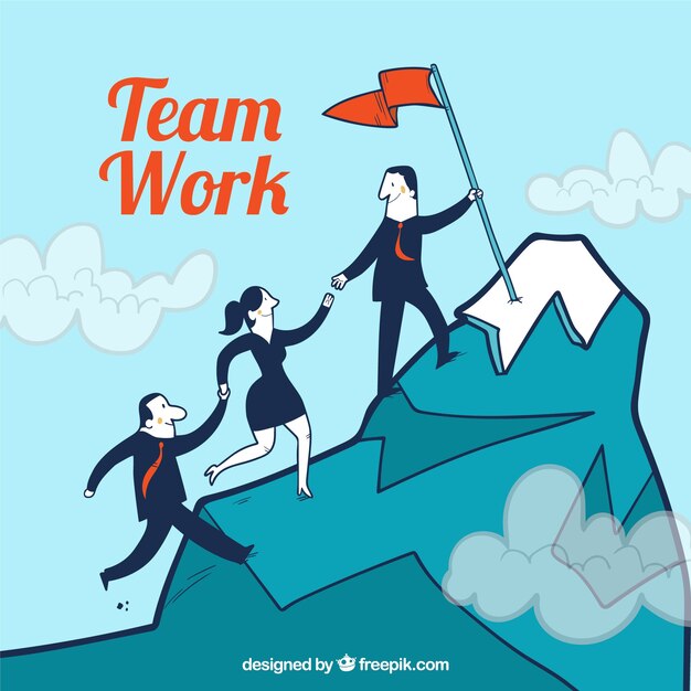 Teamwork concept with business people climbing mountain