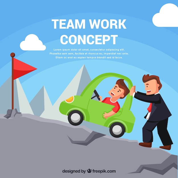 Teamwork concept with people climbing mountains