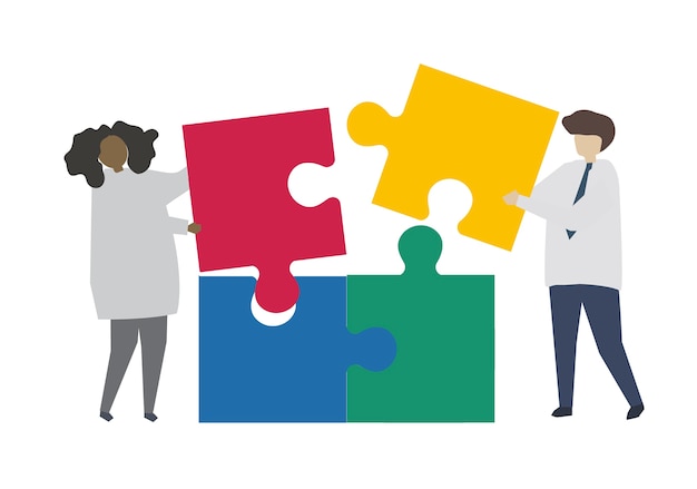 Teamwork connecting jigsaw puzzle piece