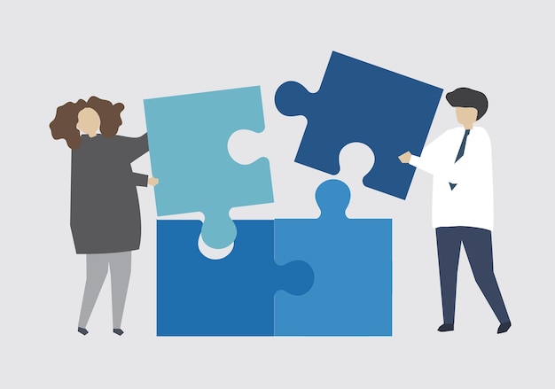 Teamwork connecting jigsaw puzzle piece