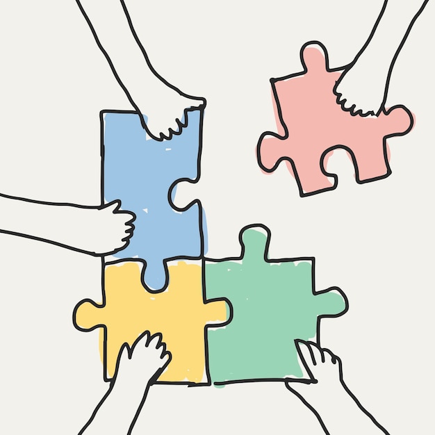 Teamwork doodle vector hands connecting puzzle jigsaw