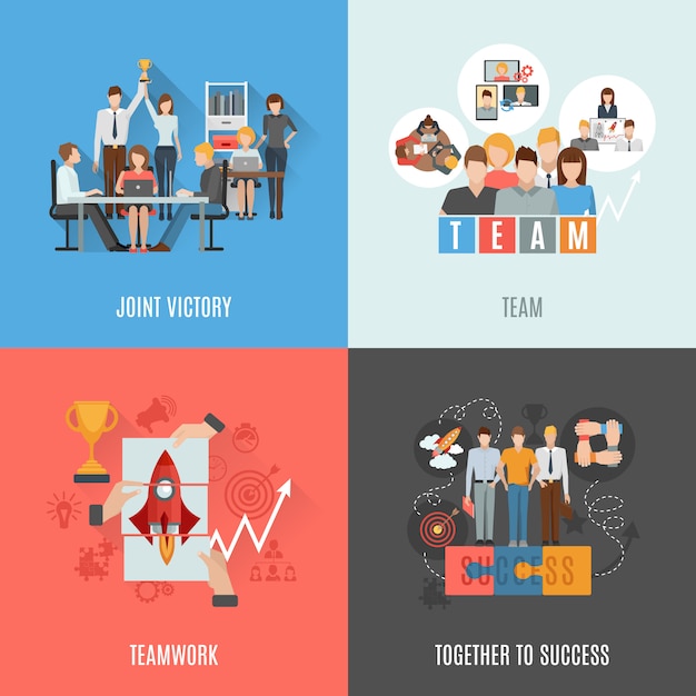 Teamwork flat icons square composition