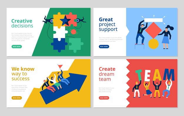 Teamwork horizontal banners set with project support symbols flat isolated vector illustration