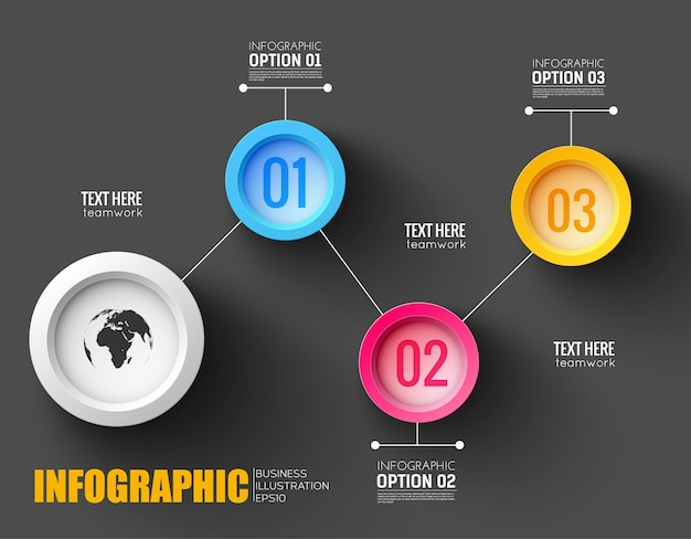 Teamwork infographic layout with world map silhouette and numbered buttons connected by white lines